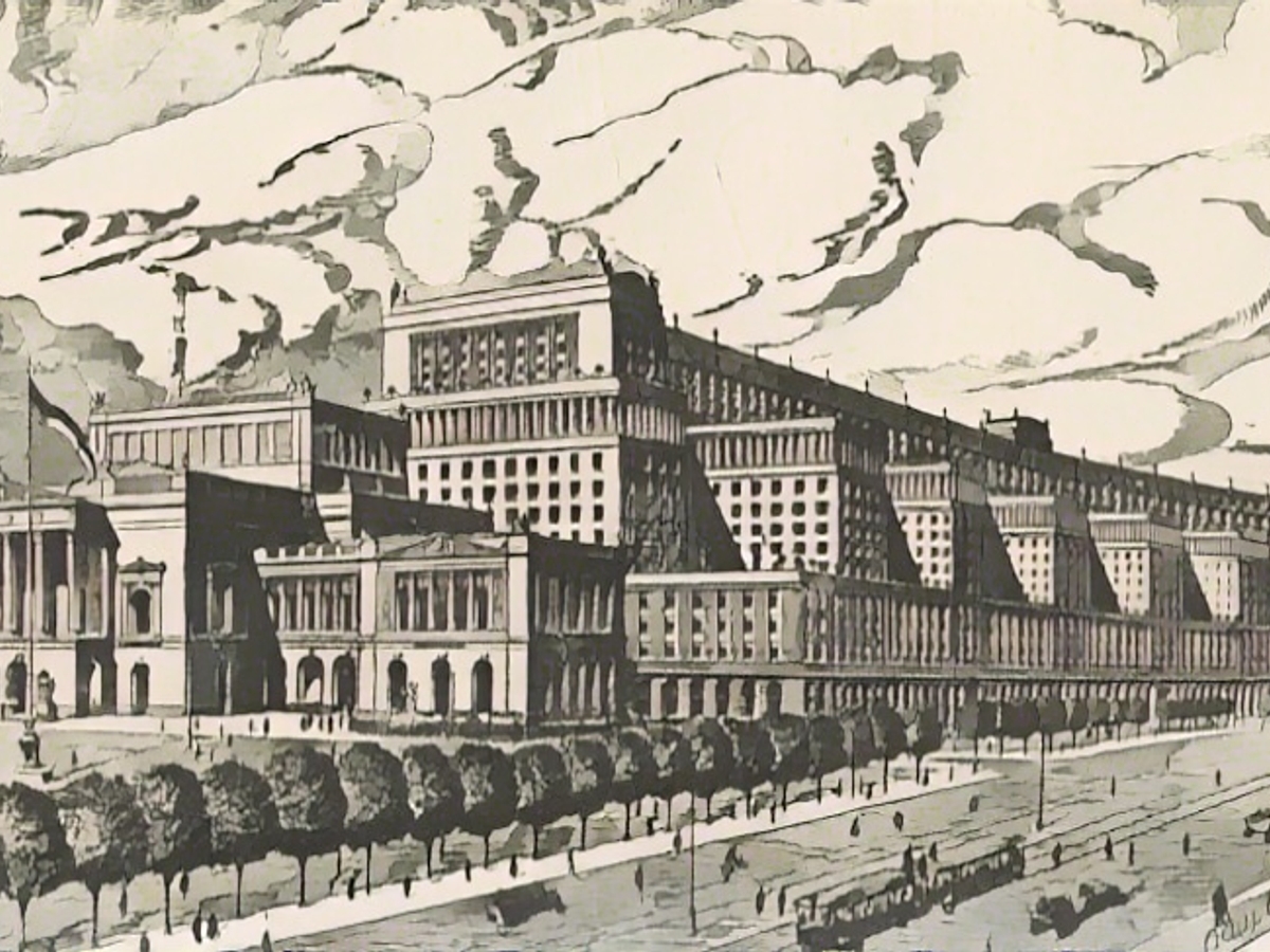 Немного мегаломании: 100 лет назад это 280-метровое здание было запланировано на кольце от Нового театра (слева на первом плане) до главного железнодорожного вокзала.
