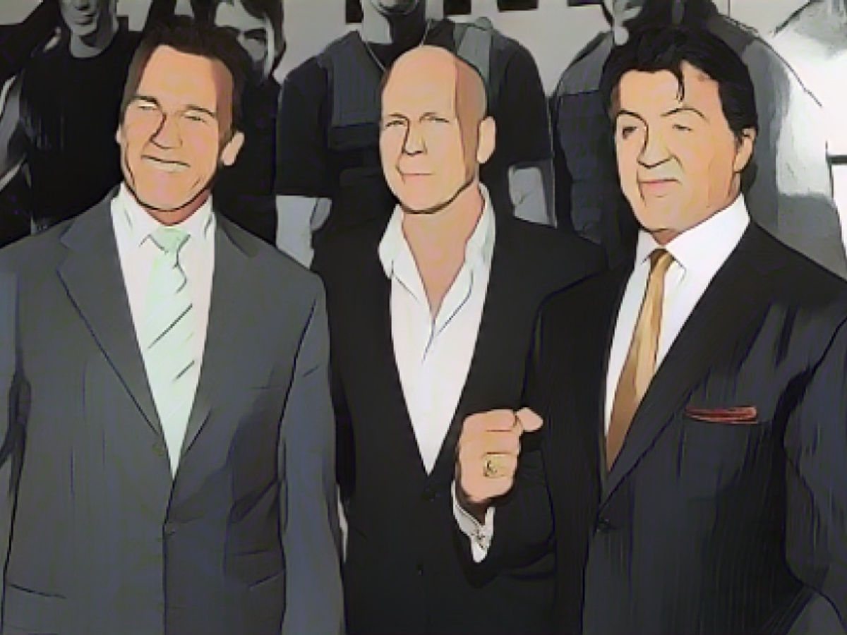 Arnold Schwarzenegger, Bruce Willis und Sylvester Stallone (v. l) wurden in den 90er-Jahren Geschäftspartner