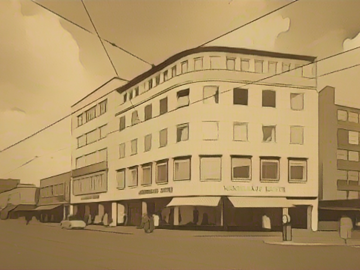 „Mäntelhaus Kaiser“ in den 1950er-Jahren. Die Fassadenoptik ist über Jahrzehnte gleich geblieben - sah damals schon aus wie heute. Wo jetzt Fußgängerzone ist, fuhr früher noch eine Straßenbahn