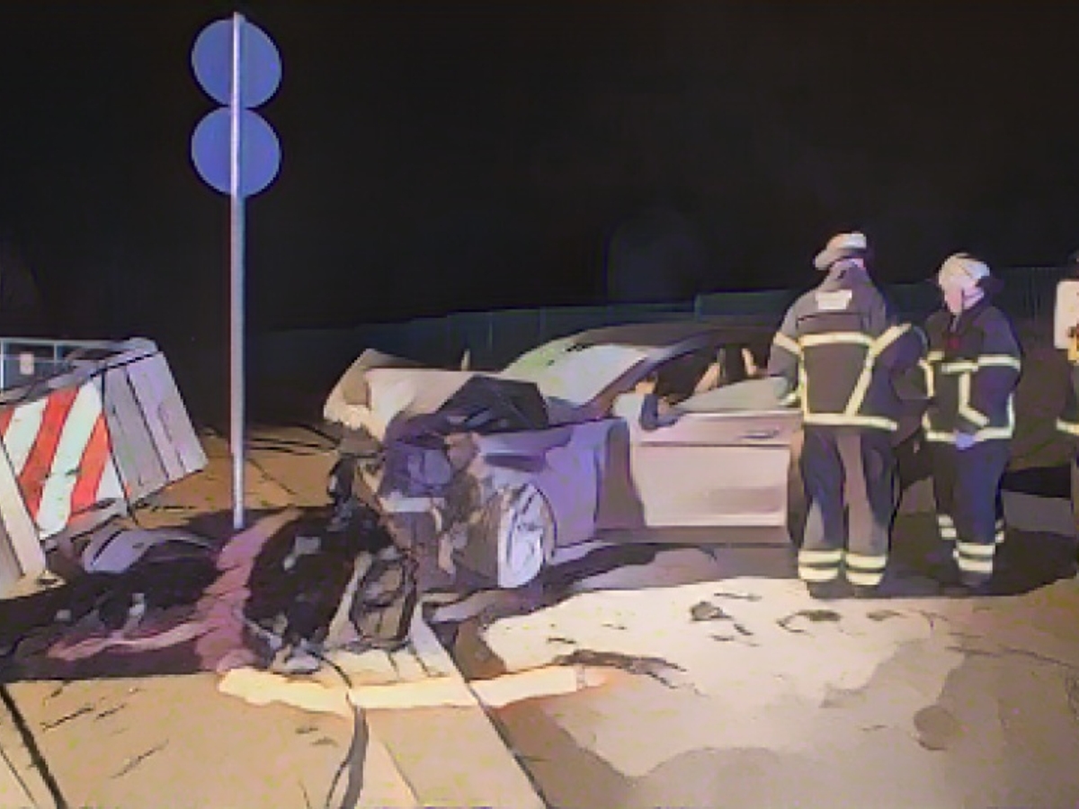 Авария: Пожарные стоят рядом с полностью уничтоженным Mercedes