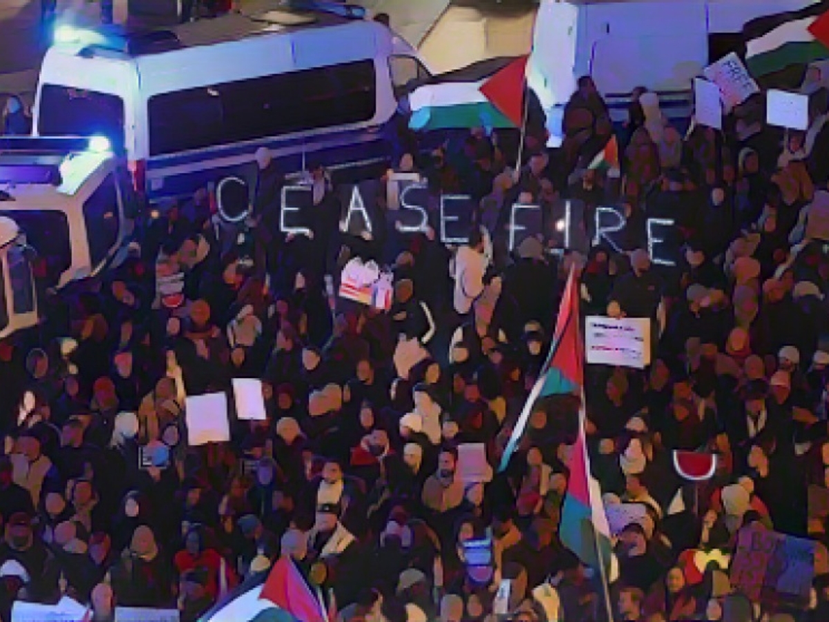 Poster calling for a ceasefire A poster calling for a ceasefire between Israel and Hamas