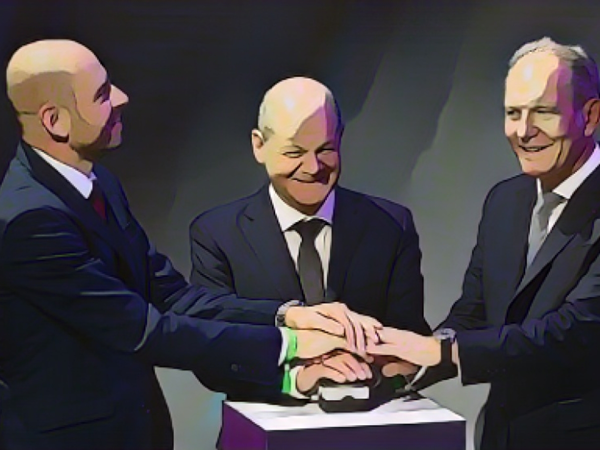 Knopfdruck zum Start: Siemens-Energy-CEO Christian Bruch, Kanzler Olaf Scholz, Frankreichs Industrieminister Roland Lescure