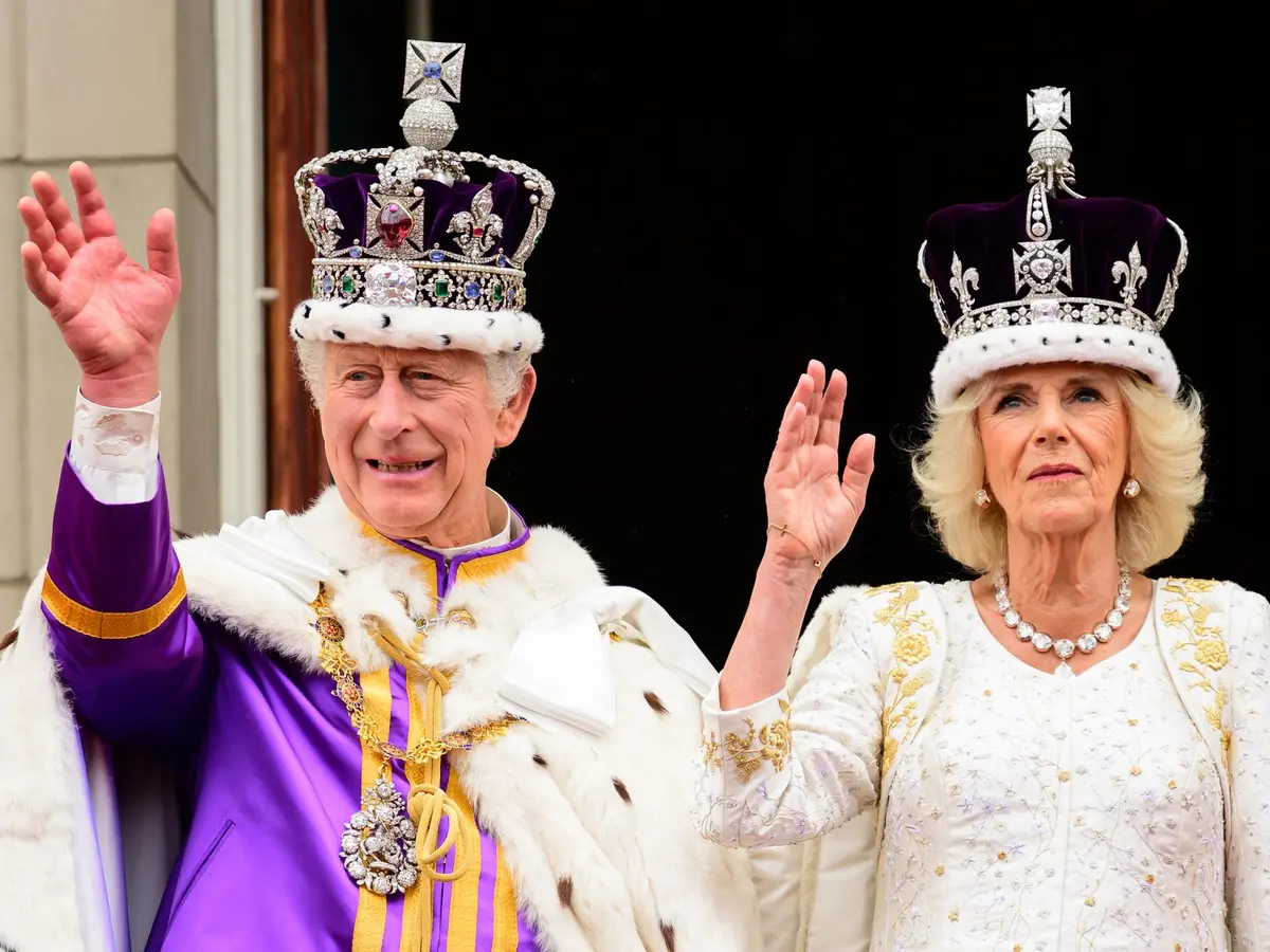 King Charles III and Queen Camilla after their coronation in Westminster Abbey.