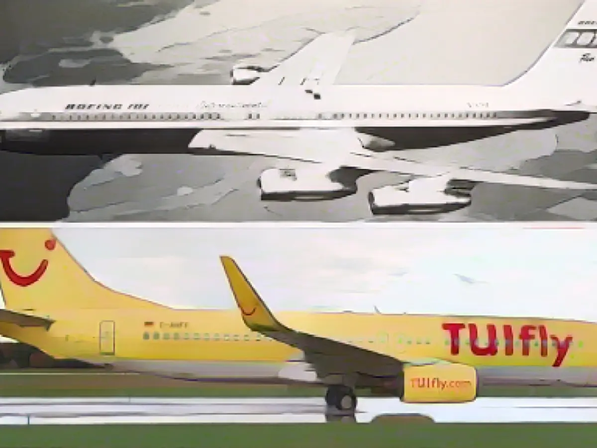 Top: A Boeing 707, the aircraft maker's first jetliner. Bottom: A Boeing 737-800 in Hanover, Germany, in 2013.
