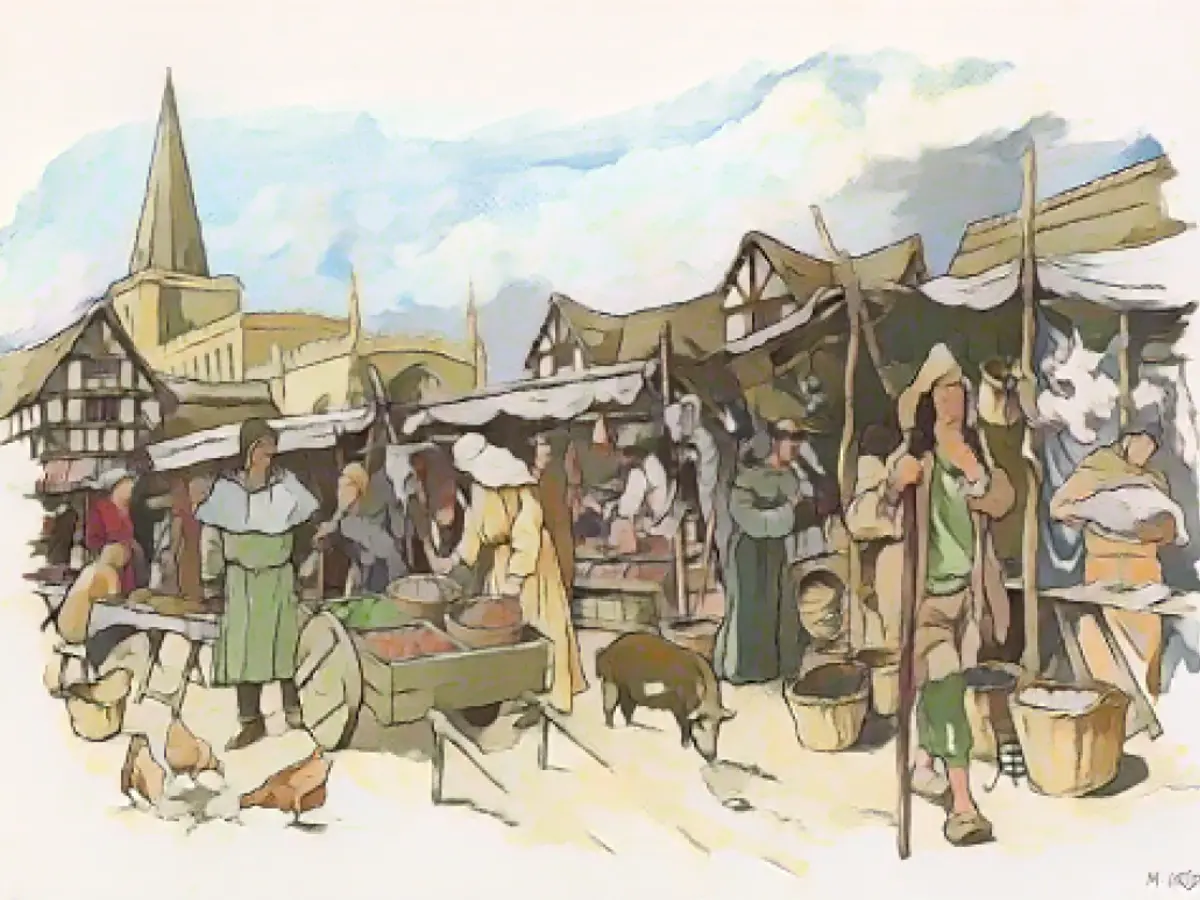 O ilustrație arată o piață tipică din Cambridge medieval.
