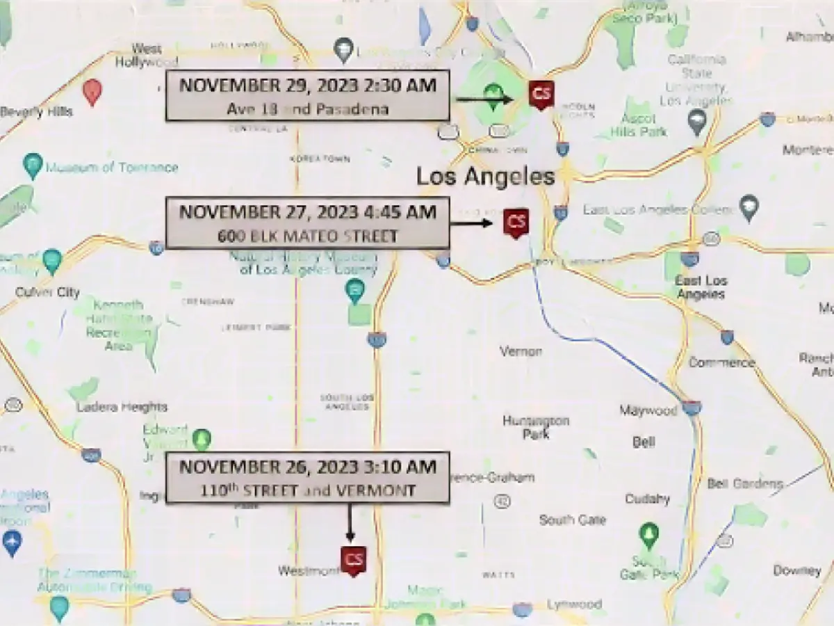 Полицейское управление Лос-Анджелеса опубликовало карту трех мест, где недавно были убиты три человека, не имевших жилья.