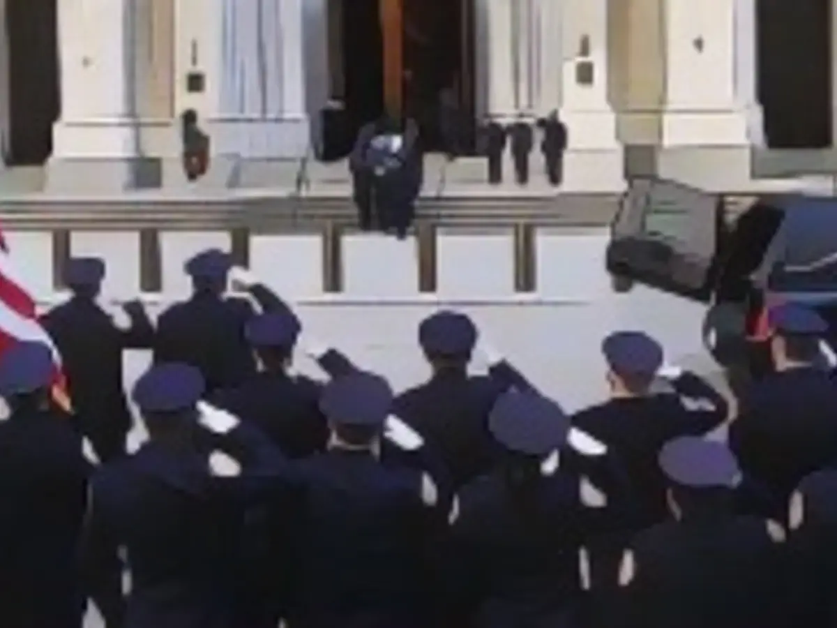 The coffin arrives at St. Patrick's Cathedral to honor the New York City police officer Jason Rivera who was killed while responding to a domestic violence call in Harlem on January 27, 2022
