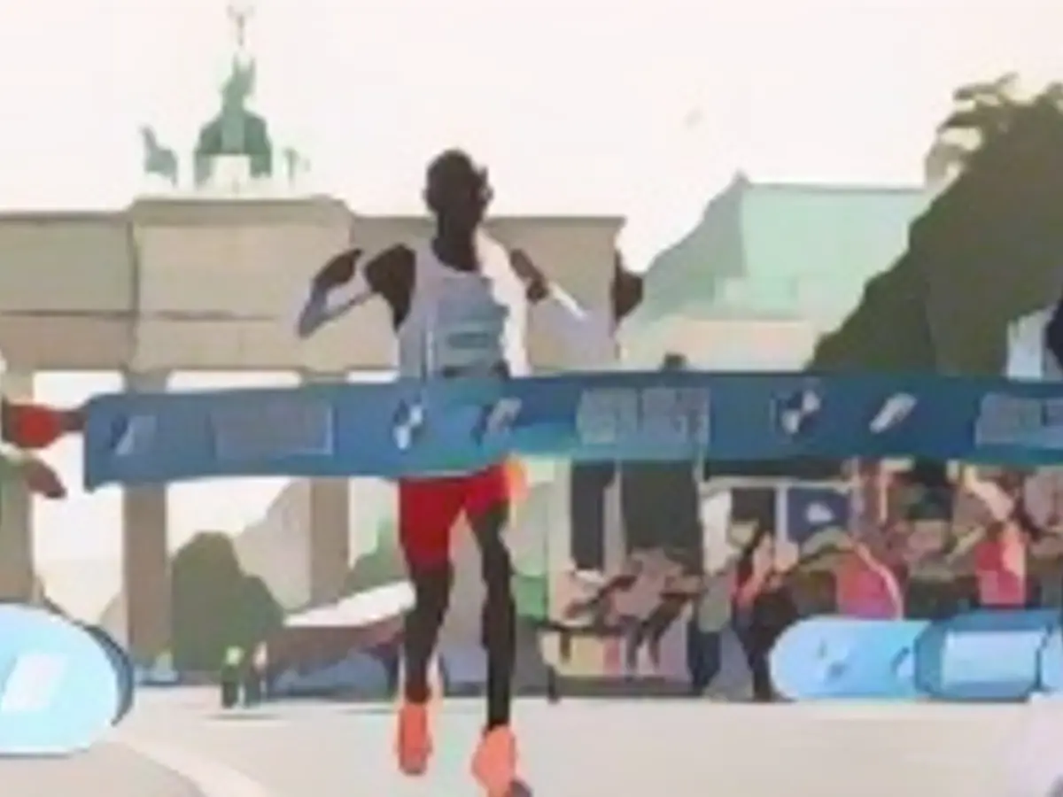 BERLIN, DEUTSCHLAND – 25. SEPTEMBER: Der Kenianer Eliud Kipchoge durchbricht am 25. September 2022 in Berlin die Barriere des BMW Berlin Marathon 2022 mit einem neuen Weltrekord von 2:01:09. Ziellinie. (Foto von Alexander Hasenstein/Getty Images)