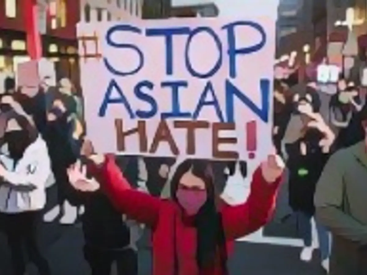Demonstrators rally to call attention to the discrimination against Asian-Americans and remember the lives lost in a series of shootings in Atlanta's Chinatown during the Coronavirus pandemic. A white gunman is alleged to have attacked Asian-American massage parlors around Atlanta, killing eight, including six women of Asian heritage, in a string of shootings that have left the Asian-American community shaken. Anti-Asian hate crimes have risen dramatically during the pandemic. (Graeme Sloane/Sipa USA) Keine Verwendung Deutschland Demonstrators rally to call attention to the discrimination against Asian-Americans and remember the lives lost in a series of shootings in Atlanta's Chinatown during the Coronavirus pandemic. A white gunman is alleged to have attacked Asian-American massage parlors around Atlanta, killing eight, including six women of Asian heritage, in a string of shootings that have left the Asian-American community shaken. Anti-Asian hate crimes have risen dramatically during the pandemic. (Graeme Sloane/Sipa USA) See no evil, Germany