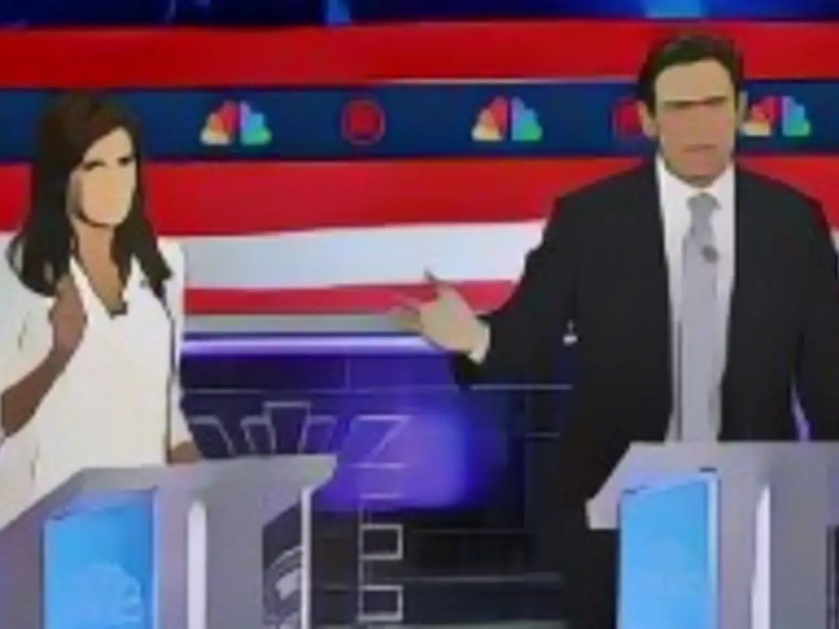 Os candidatos presidenciais republicanos Nikki Haley e Ron DeSantis participam no terceiro debate das primárias do Partido Republicano em Miami, a 8 de novembro de 2023.