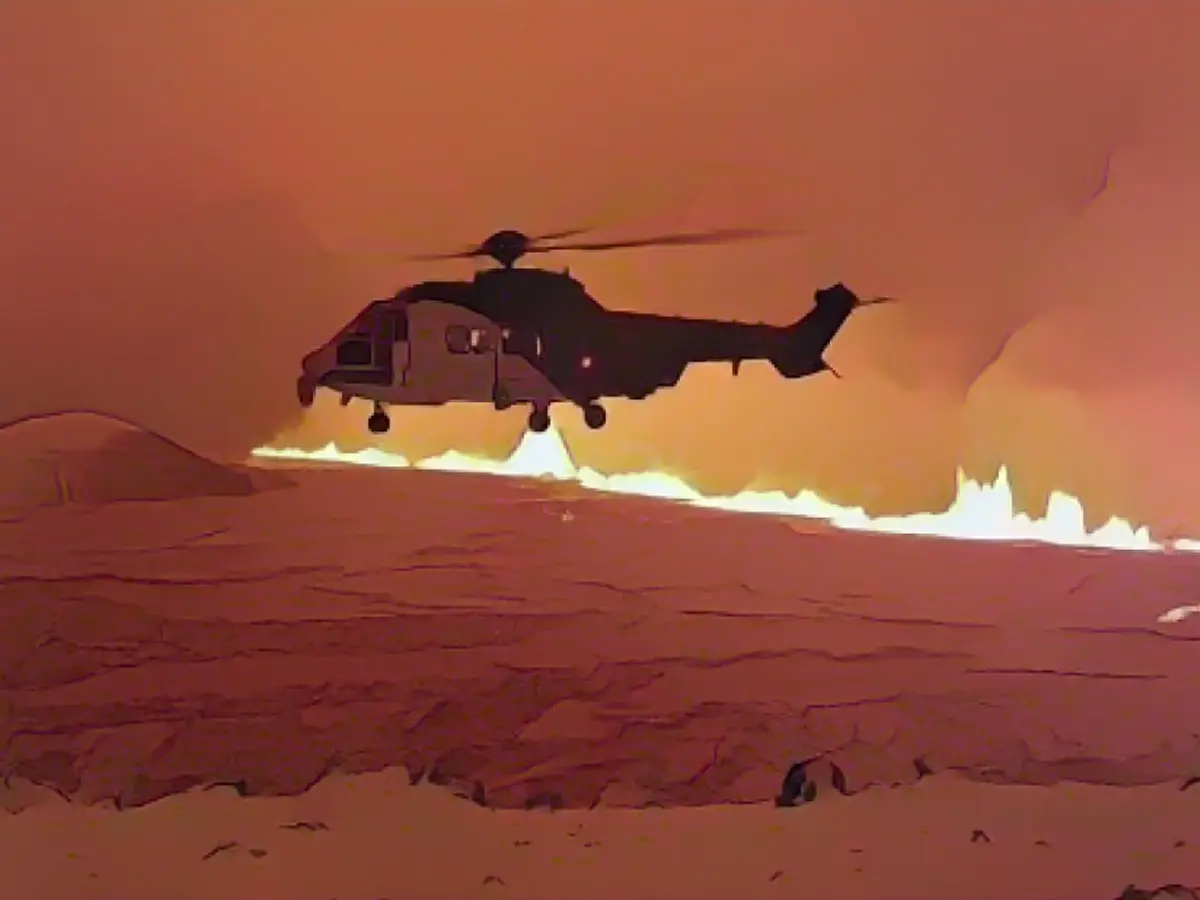 Esta imagen tomada de un vídeo proporcionado por la Guardia Costera islandesa muestra su helicóptero volando cerca del magma.