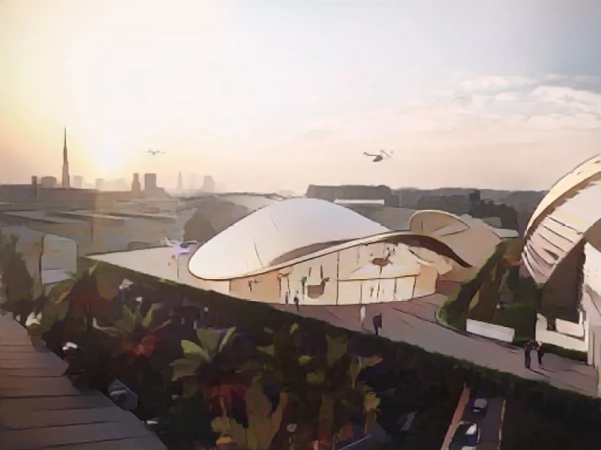 Lo studio di architettura Foster + Partners ha realizzato un progetto per un vertiport per veicoli a decollo e atterraggio verticale a Dubai, mostrato in questo rendering.
