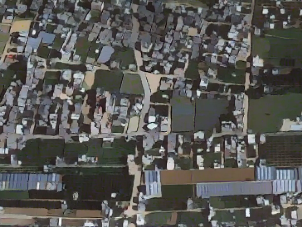O imagine din satelit folosită pentru a geolocaliza casa din cartierul Al-Tanour din Rafah.