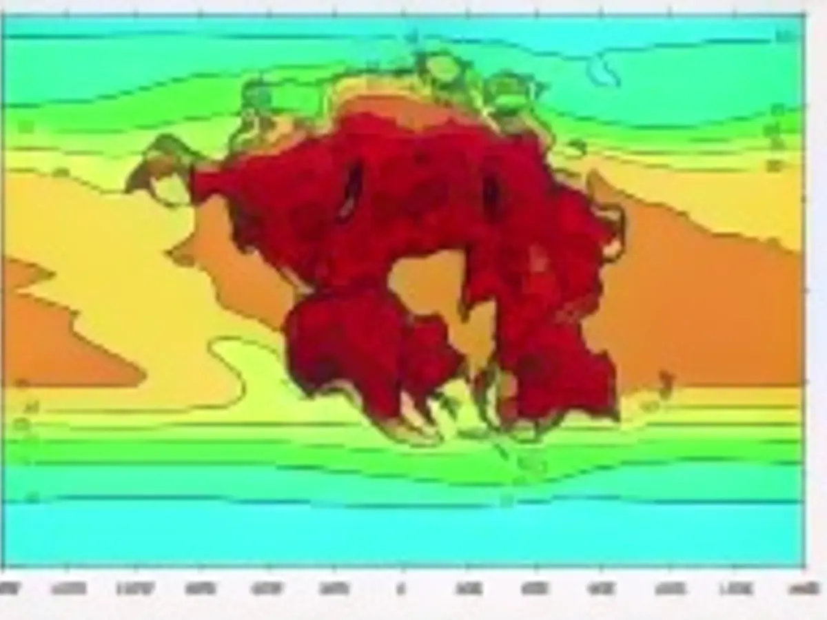 Imaginea arată cea mai caldă temperatură medie lunară (grade Celsius) pentru Pământ și supercontinentul proiectat (Pangea Ultima) în 250 de milioane de ani, când ar fi fost dificil pentru aproape orice mamifer să supraviețuiască.