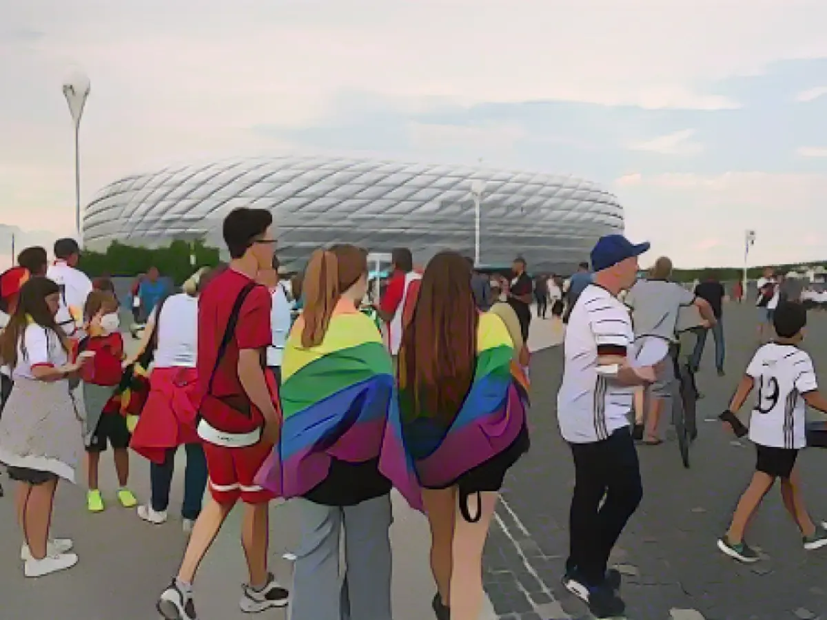 Fans tragen die Regenbogenflagge vor der Allianz Arena bei der Euro 2020