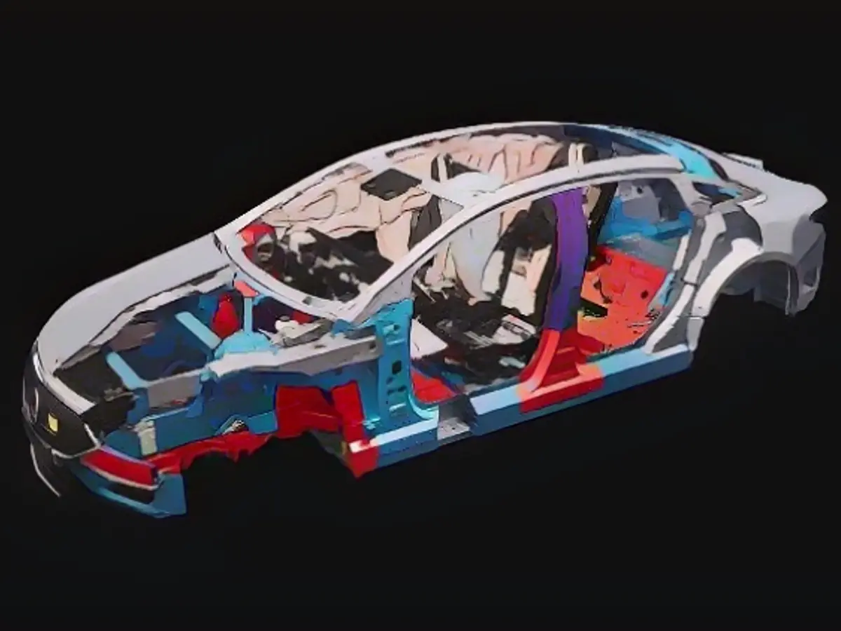 Cutaway model of a Mercedes EQS: The different materials of the bodyshell are marked in color. Particularly hard steels are in red.