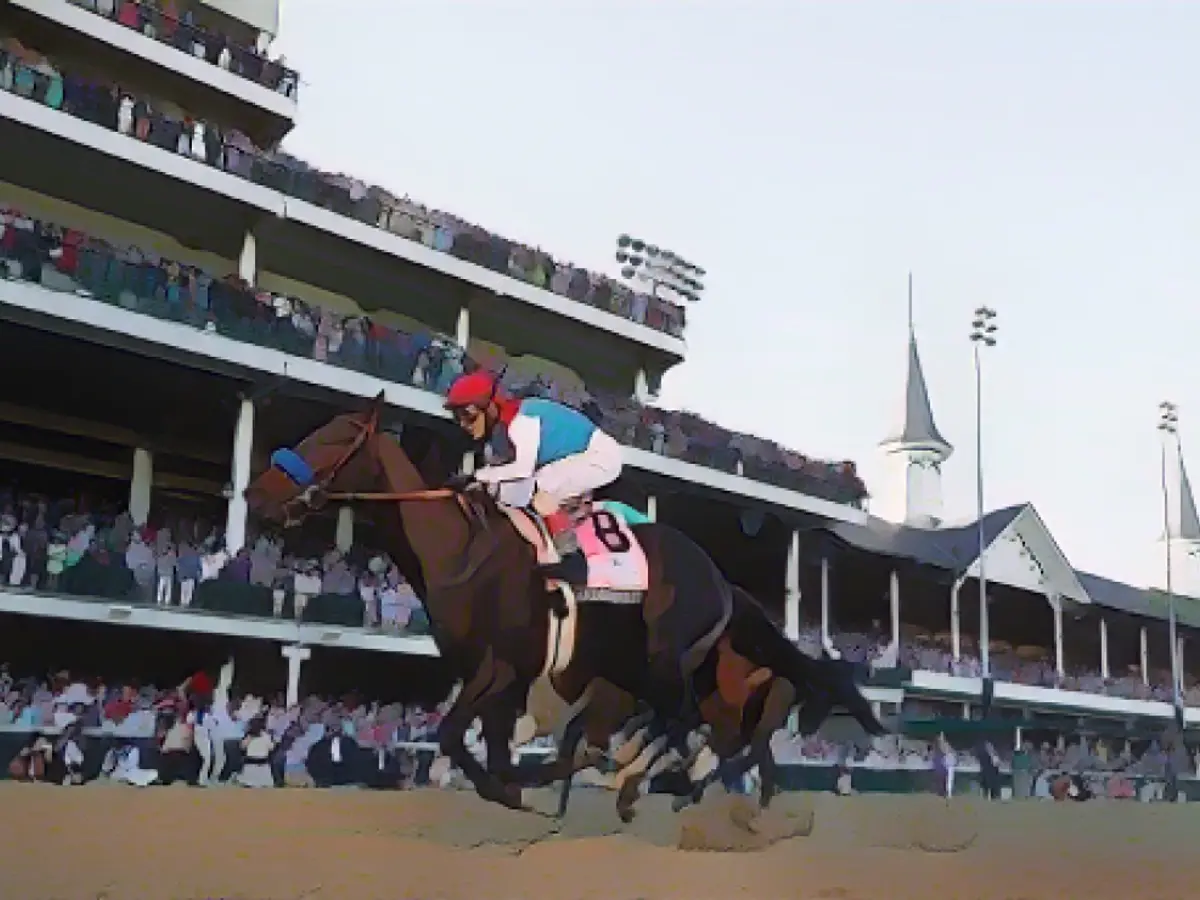 Medina Spirit cruza a linha de chegada em primeiro lugar durante a 147ª corrida do Kentucky Derby.