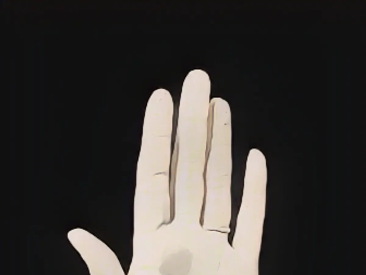 I dettagli del calco mostrano la fede nuziale di Diana e le linee delicate della sua mano.