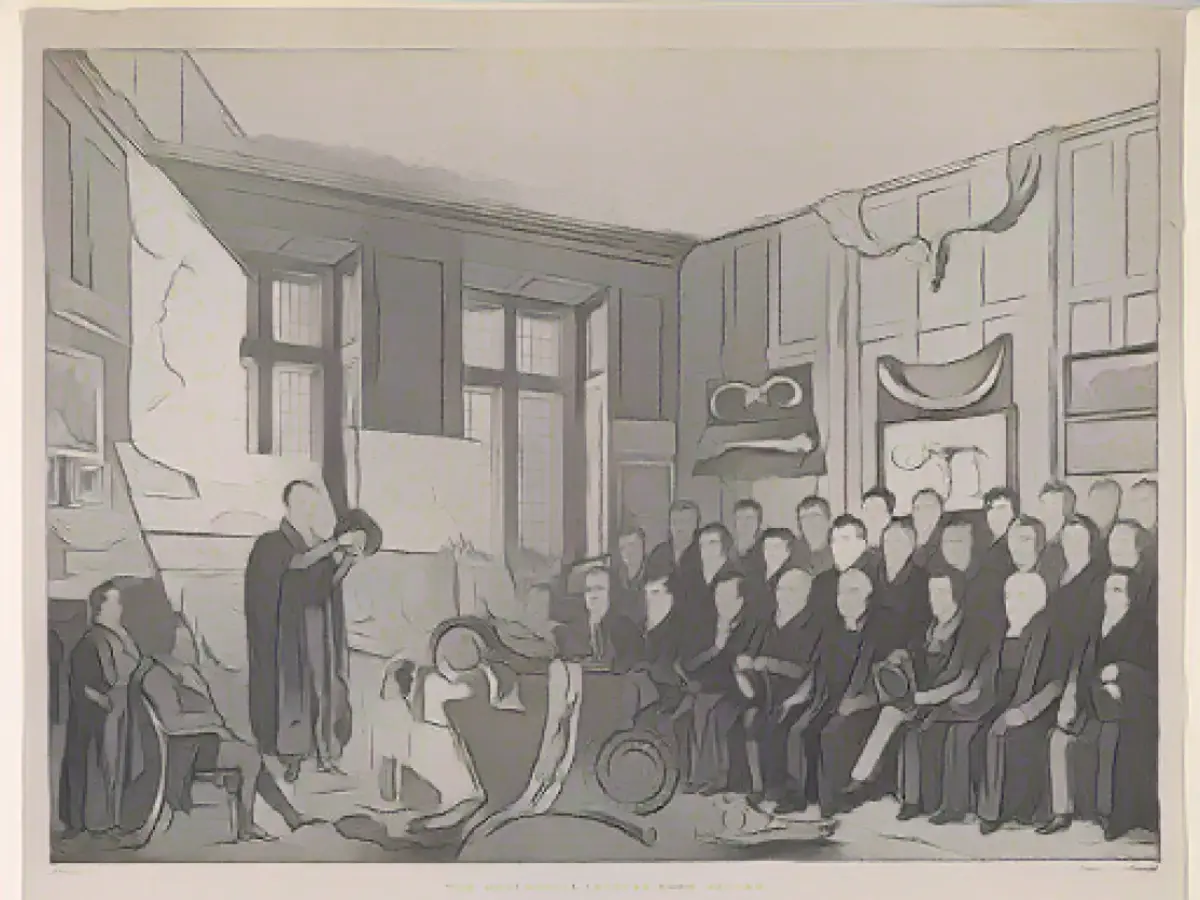 Eine Illustration zeigt den Geologen William Buckland, der am 15. Februar 1823 in einem Hörsaal der Universität Oxford unterrichtet.