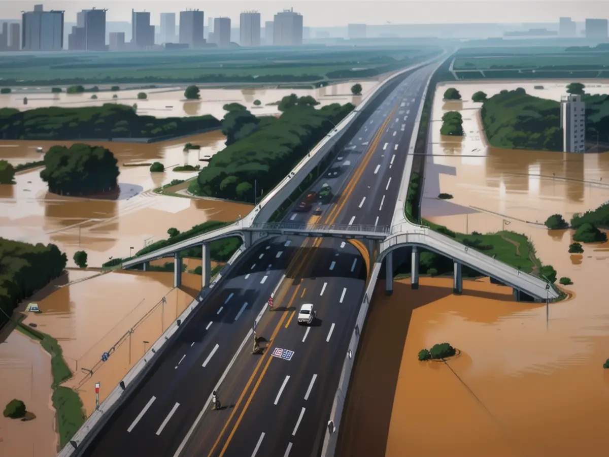 Uma vista de drone mostra estradas submersas em águas de inundação após fortes chuvas, em Qingyuan, província de Guangdong, China, em 22 de abril de 2024.
