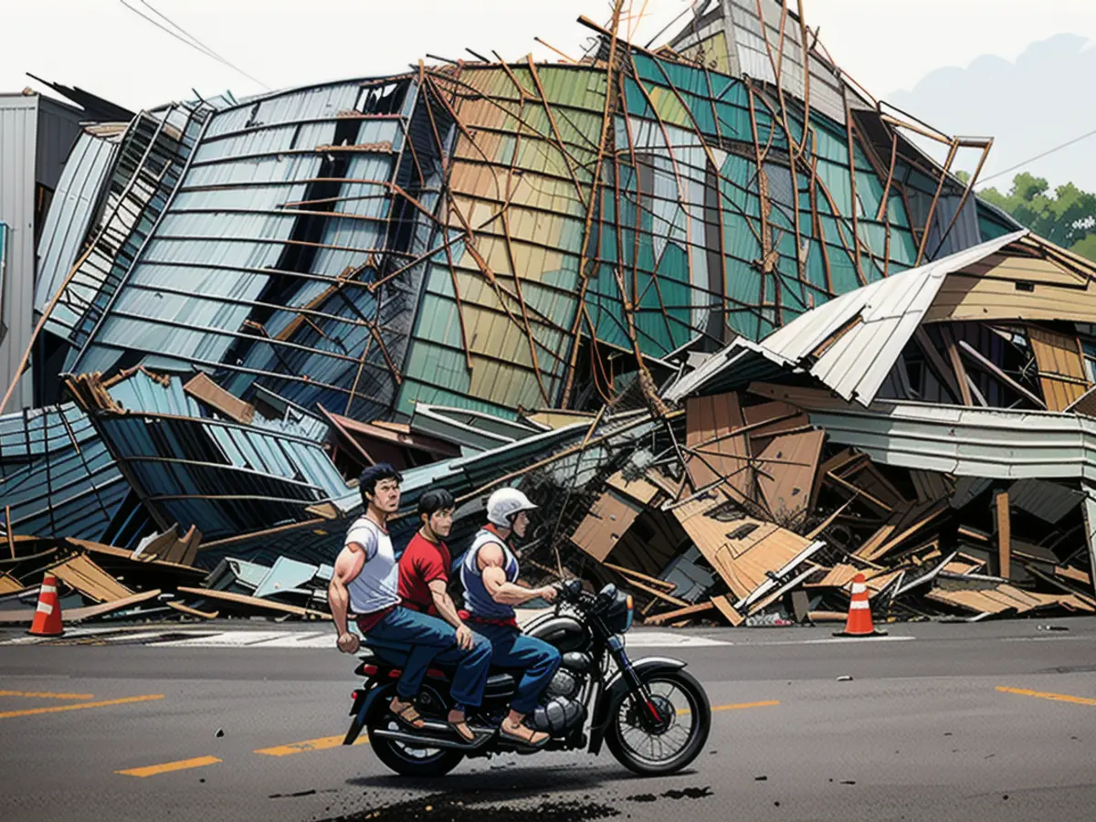 Pessoas passam de carro por um edifício danificado no domingo, depois de o tornado ter atingido a província de Guangdong, no sul da China.