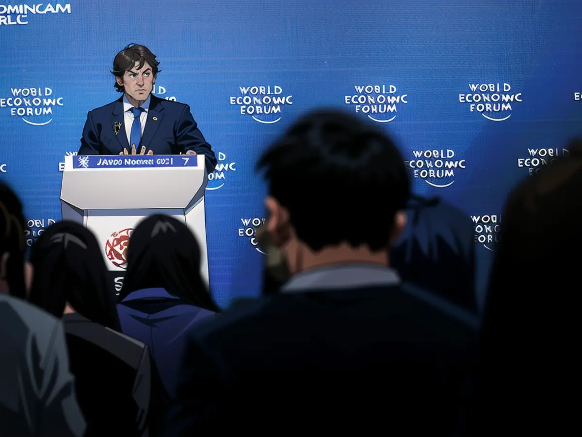 O Presidente da Argentina, Javier Milei, discursa durante a reunião do Fórum Económico Mundial em Davos, a 17 de janeiro de 2024.