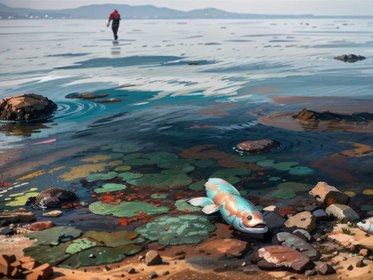 As águas da lagoa ficaram sufocadas com a proliferação de algas, causando três mortes em massa de peixes e crustáceos desde 2016. Em 2021 (quando esta fotografia foi tirada), cinco toneladas de criaturas marinhas mortas deram à costa no Mar Menor.