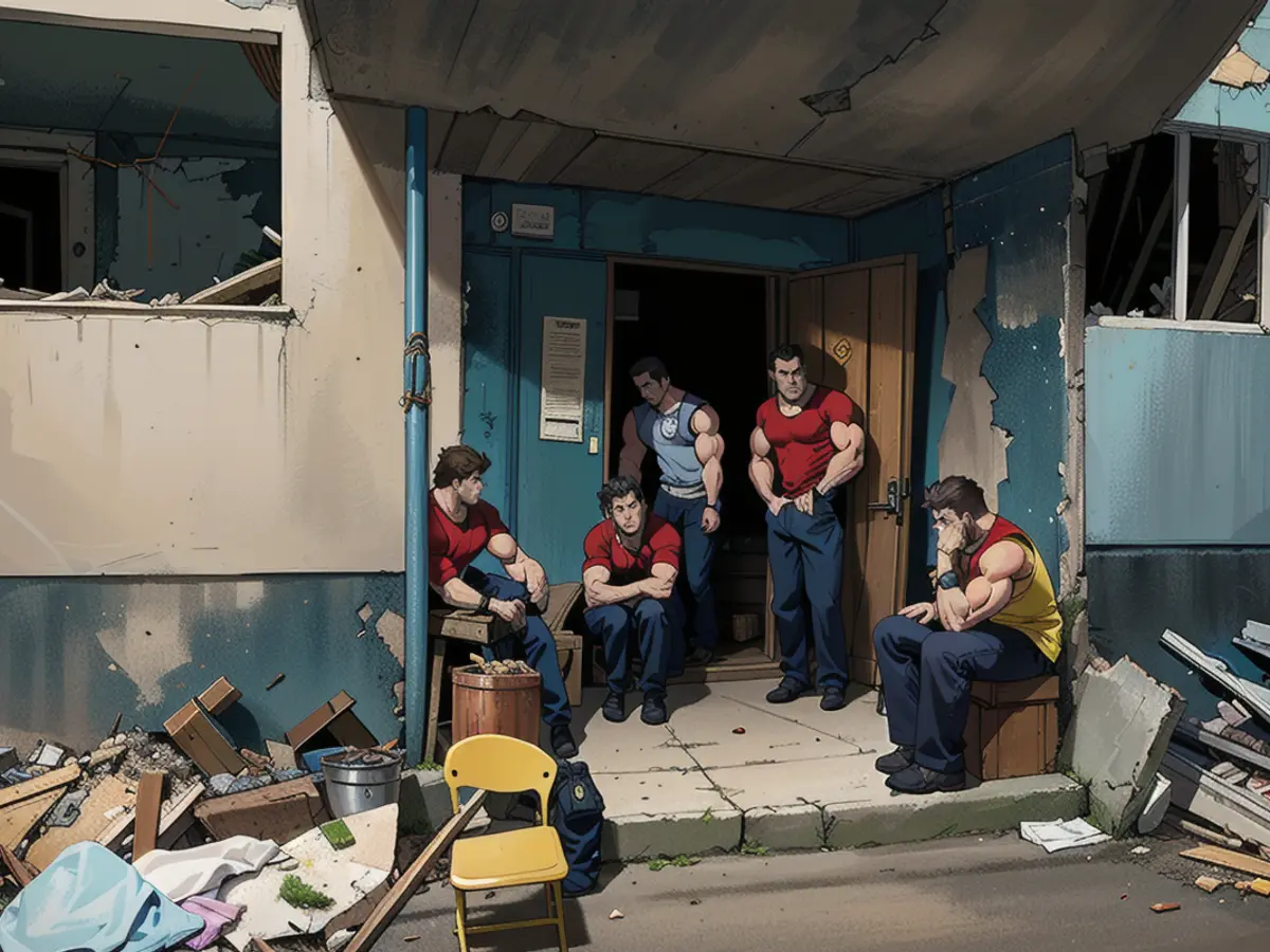 Local residents sit at the entrance of an apartment building destroyed by shelling in Ocheretyne on April 15.