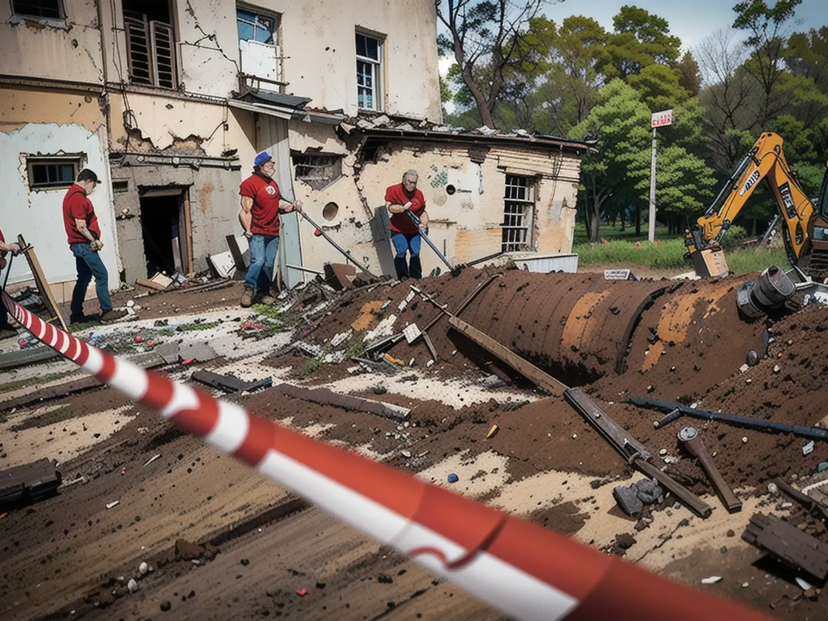 Utility workers clean up the aftermath of an overnight Russian rocket attack in the Ukrainian city of Kharkiv on April 27.