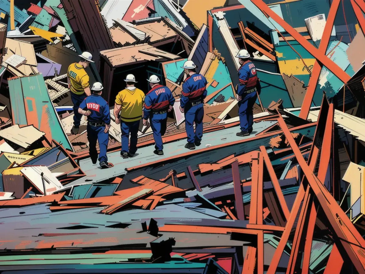 Emergency responders work in Sulphur, Oklahoma on April 28, following a tornado.