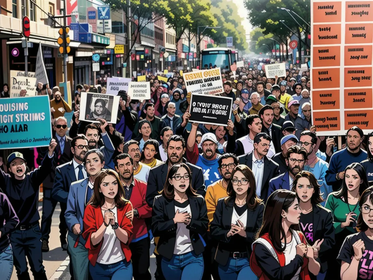 Während einer Demonstration gegen geschlechtsspezifische Gewalt am 28. April in Melbourne, Australien, marschieren Menschen und rufen Slogans.