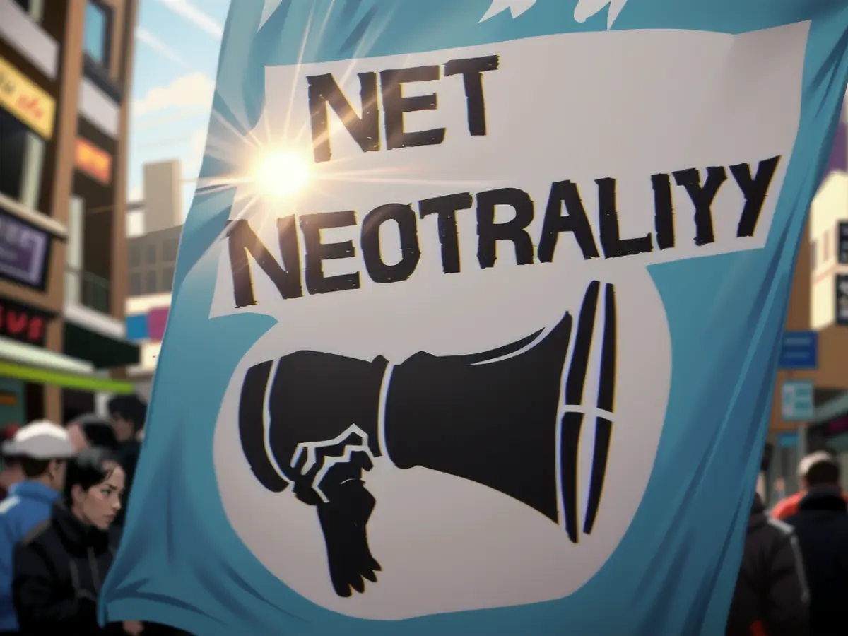 A demonstrator opposed to the roll back of net neutrality rules holds a sign outside the Federal Communications Commission (FCC) headquarters ahead of a open commission meeting in Washington, D.C., U.S., on Thursday, Dec. 14, 2017. The FCC is slated to vote to roll back a 2015 utility-style classification of broadband and a raft of related net neutrality rules, including bans on broadband providers blocking and slowing lawful internet traffic on its way to consumers.
