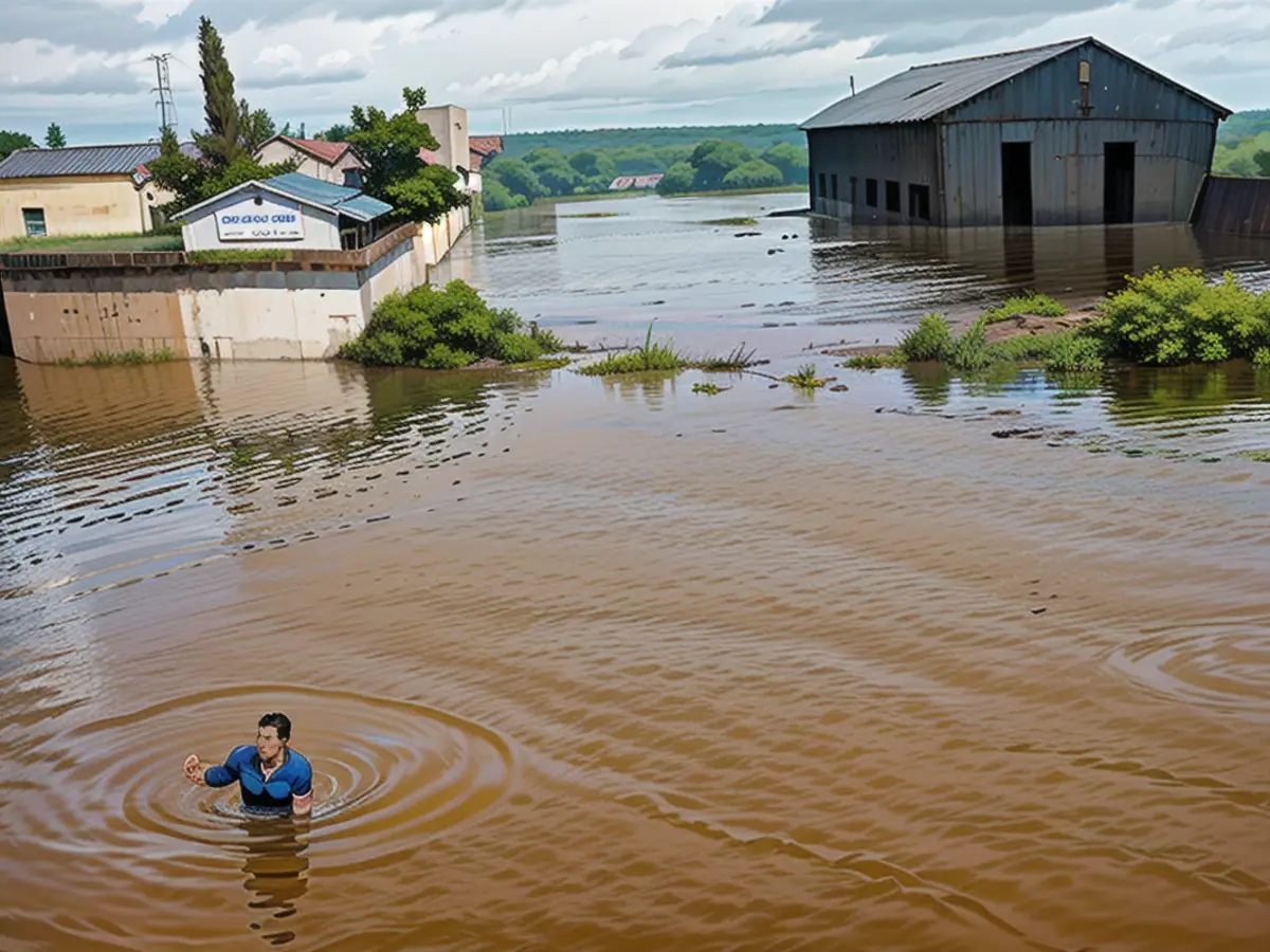 A man is seen in flood waters near a submerged church compound, after the River Tana broke its banks following heavy rains at Mororo, Kenya, on Sunday, April 28.