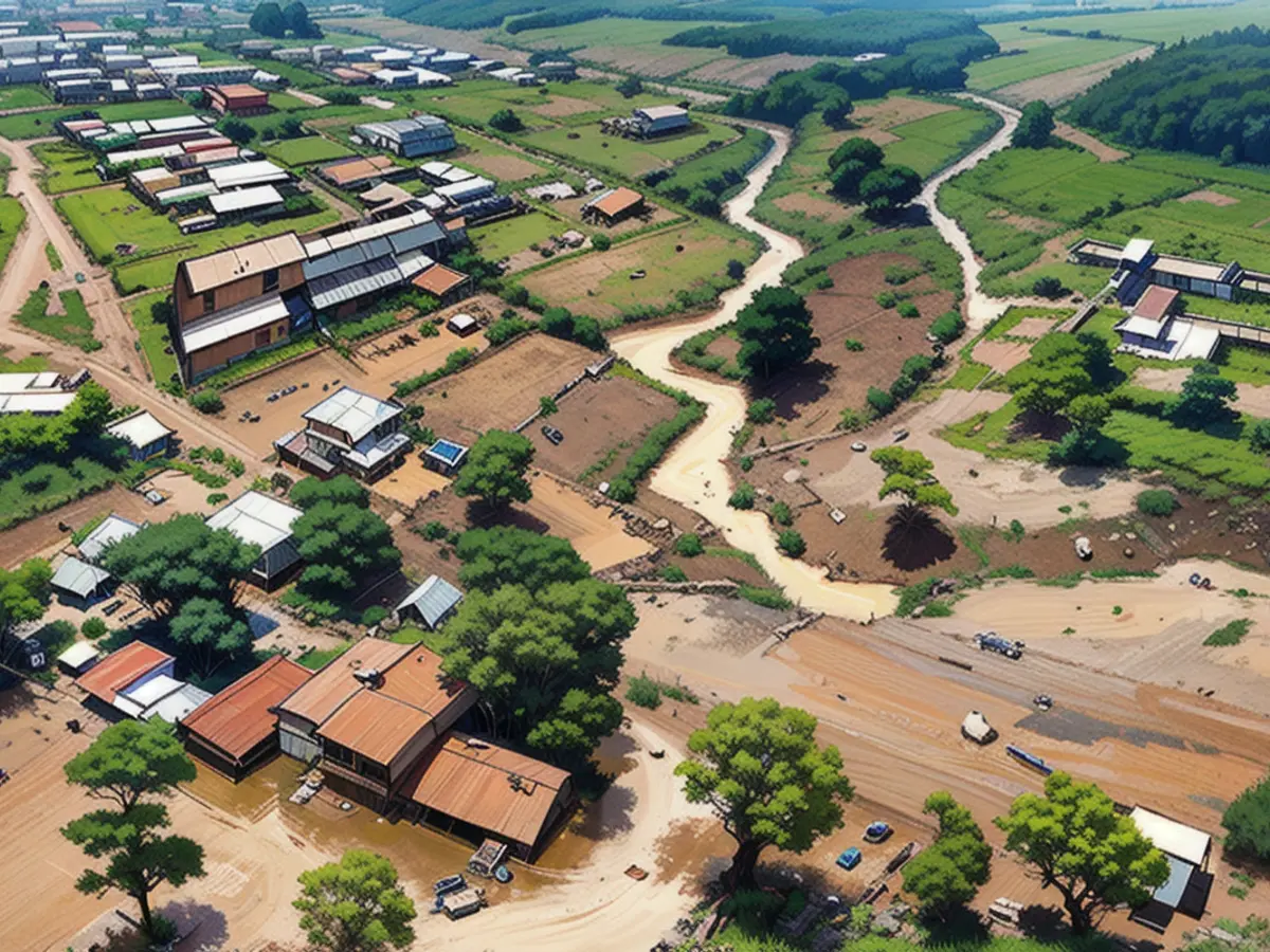 A drone view shows damaged houses after heavy flash floods wiped out several homes when a dam burst, following heavy rains in Kamuchiri village of Mai Mahiu, Nakuru County, Kenya on April 29, 2024.