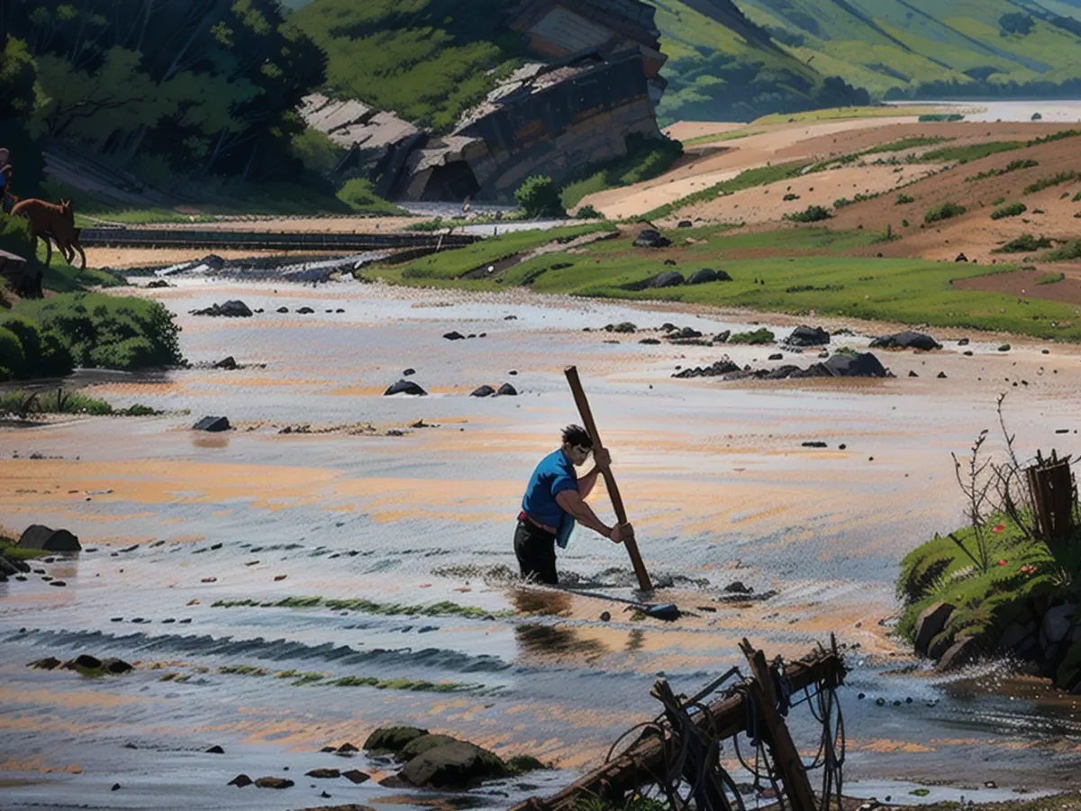 A man uses a stick to cross a river after heavy flash floods wiped out several homes when a dam burst, following heavy rains in Kamuchiri village of Mai Mahiu, Nakuru County, Kenya on April 29, 2024.