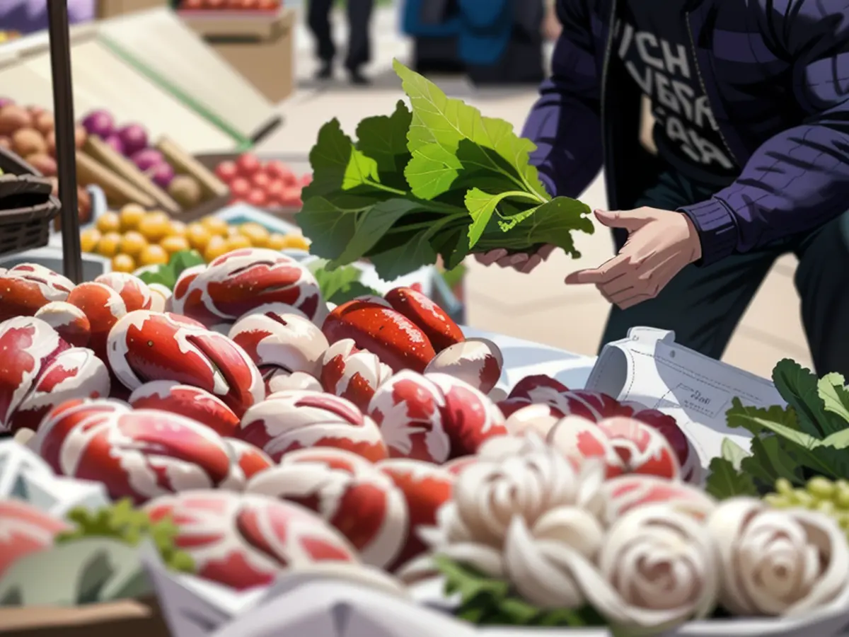 Um empregado arruma o expositor de uma banca de fruta e legumes frescos no mercado Watney, em Londres, em março de 2024.