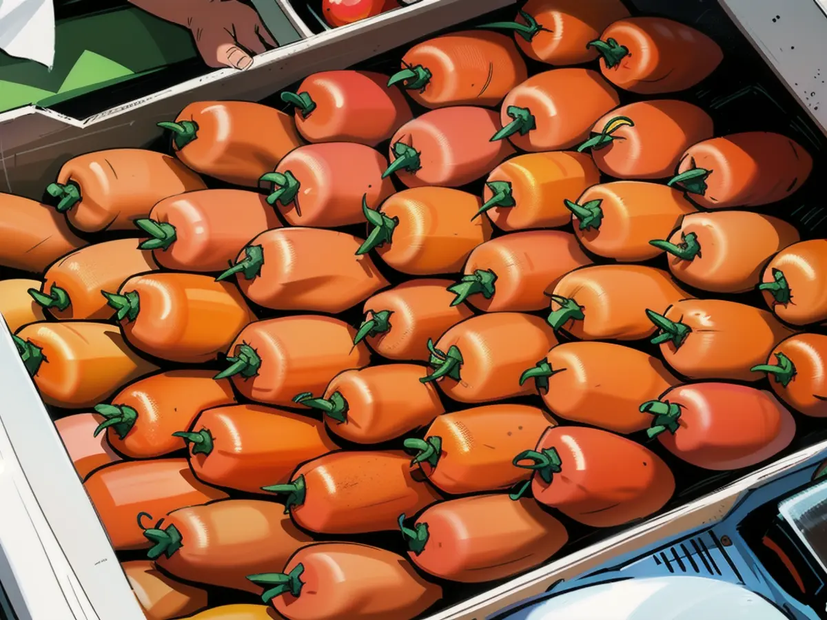Roma-Tomaten aus Spanien auf dem Großhandelsmarkt in Birmingham, Vereinigtes Königreich.