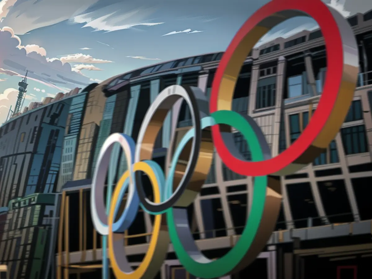 Die olympischen Ringe sind vor dem Sitz des Internationalen Olympischen Komitees (IOC) zu sehen, als der Exekutivrat am 19. März 2024 in Lausanne seine Sitzung eröffnet. (Foto: Fabrice COFFRINI / AFP)