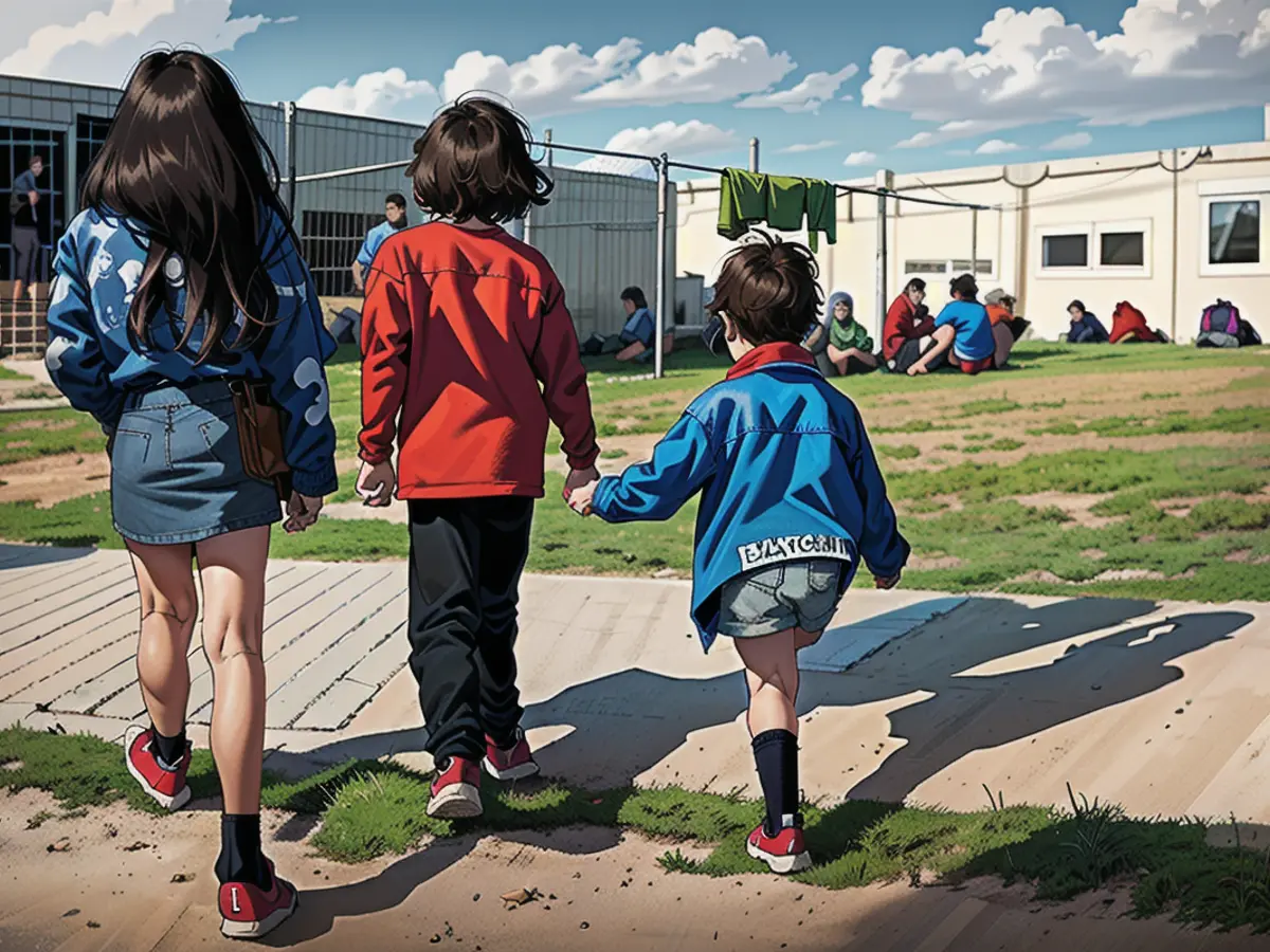 Crianças caminham perto de um centro de detenção para migrantes irregulares em 06 de outubro de 2021 em Eisenhuttenstadt, Alemanha.