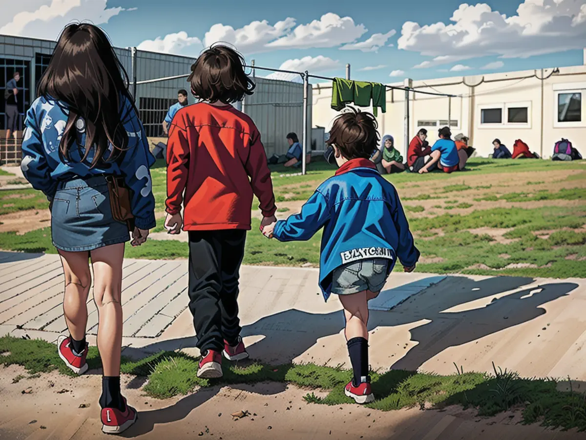 Children walk near a holding facility for irregular migrants on October 06, 2021 in Eisenhuttenstadt, Germany.