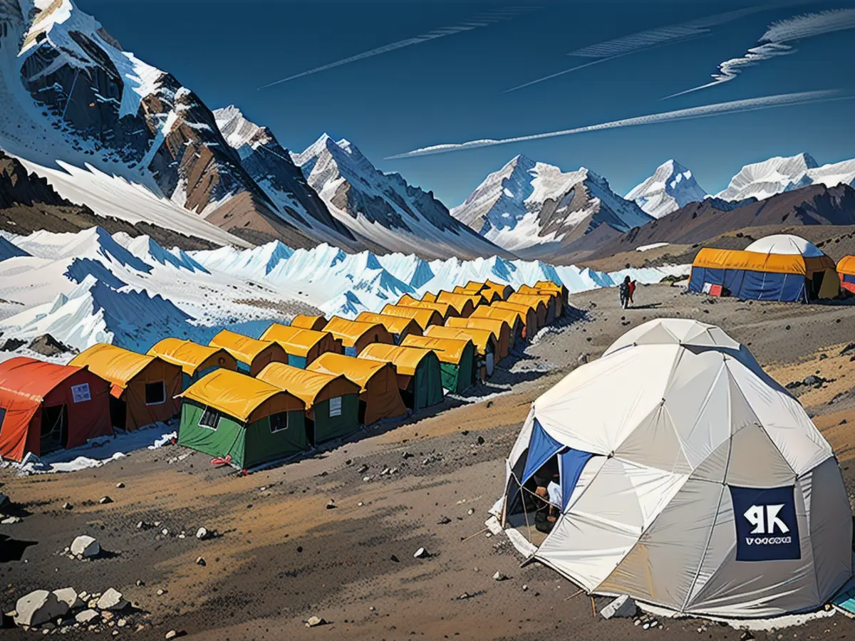 Tents of mountaineers are pictured at Everest base camp in the Mount Everest region of Solukhumbu district on April 18, 2024.
