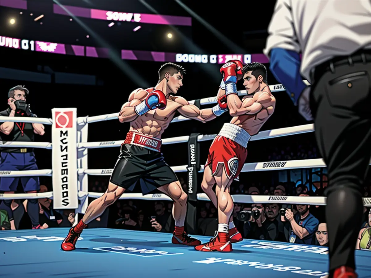 Der russische Boxer Dmitry Bivol (links) schlägt Álvarez während ihres Weltmeisterschaftskampfes im Halbschwergewicht in der T-Mobile Arena in Las Vegas, Nevada, 7. Mai 2022.