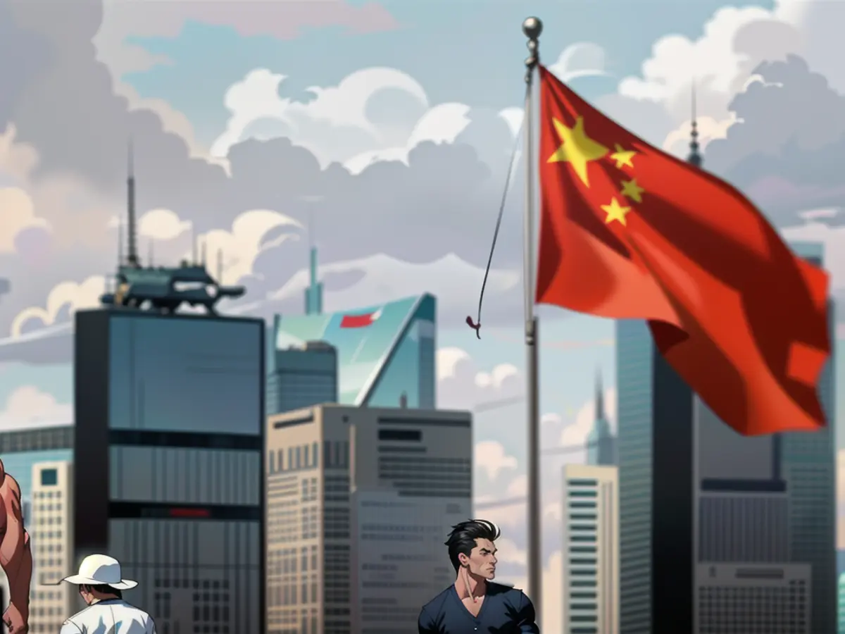 Eine chinesische Flagge im Lujiazui-Finanzbezirk von Pudong in Shanghai, China, am Montag, 18. September 2023.