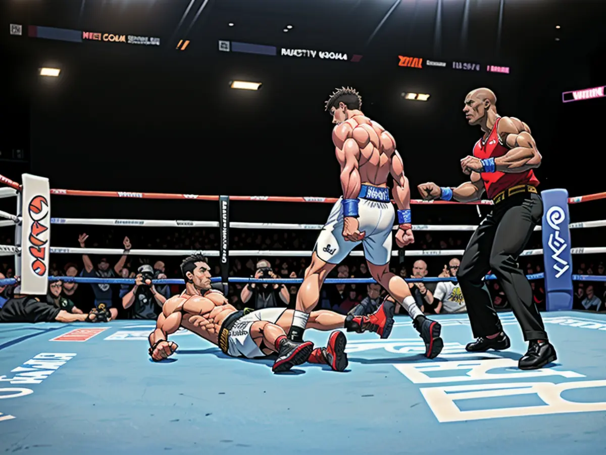 Ryan Garcia schlägt Devin Haney während ihres WBC-Titelkampfs im Superleichtgewicht im Barclays Center am 20. April 2024 in New York City zu Boden.