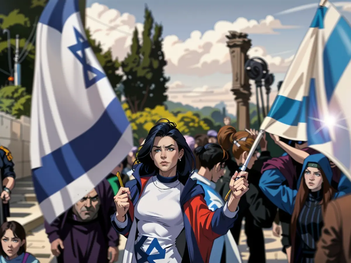 Orit Malka Strook (Mitte), die israelische Ministerin für Siedlungen und nationale Missionen, steht mit israelischen Flaggen in der Hand zusammen mit anderen israelischen Siedlern in der für Palästinenser weitgehend gesperrten Al-Shuhada-Straße in der geteilten Stadt Hebron im besetzten Westjordanland während der Feierlichkeiten zum jüdischen Purim-Fest am 24. März 2024.