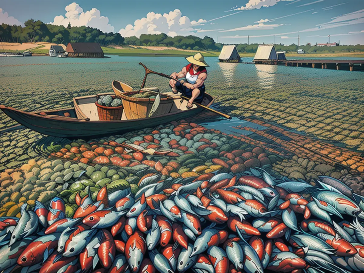 A fisherman in a boat with buckets holds up a fishing net to collect dead fish.