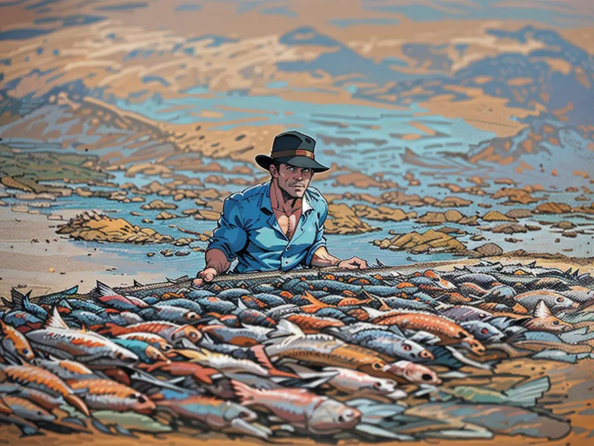A fisherman deep in the reservoir collecting the dead fish surrounding him.