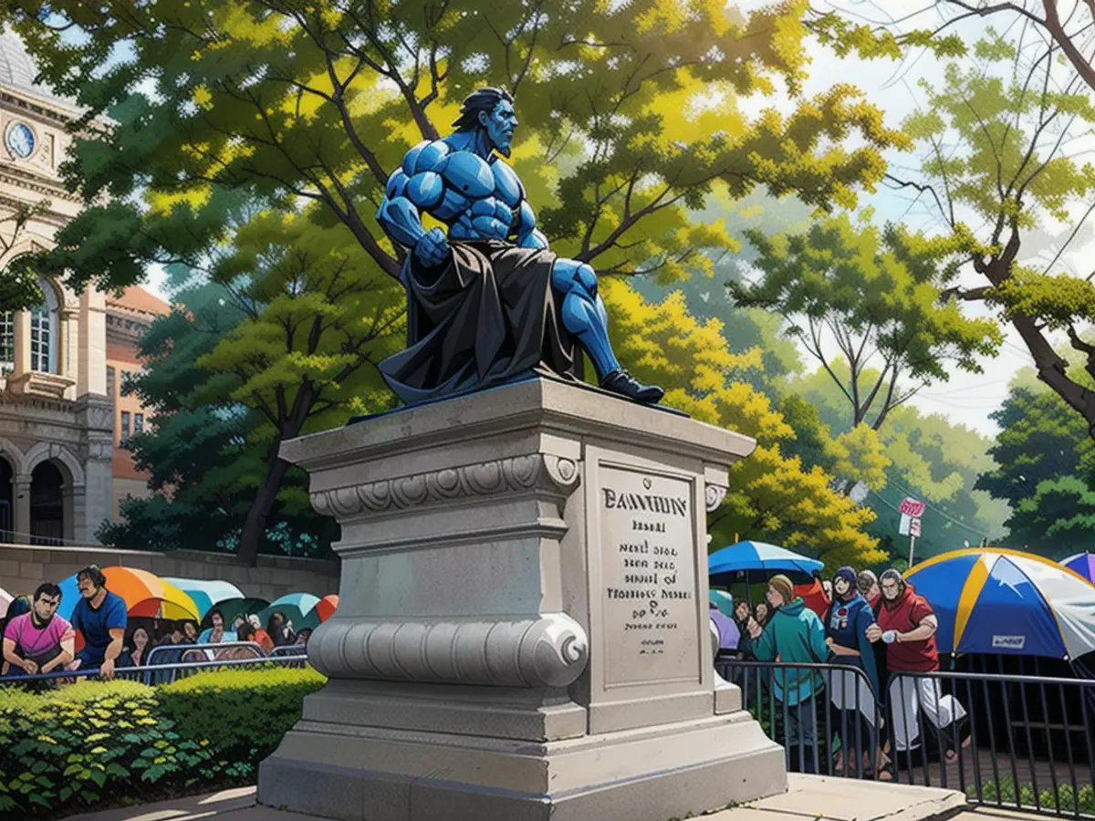 Demonstranten an der Universität von Pennsylvania flankieren eine Statue von Benjamin Franklin.