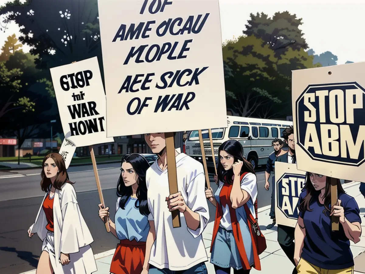 Students march with anti-war placards on the campus of the University of California at Berkeley, California, 1969.