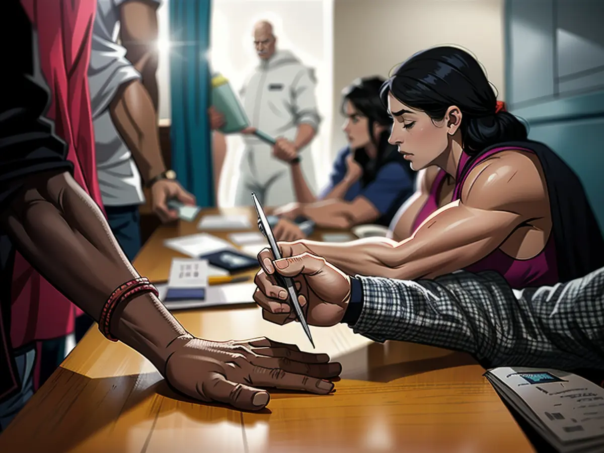 An official in Neemrana, India, paints a mark on the index finger of a woman with indelible ink before she casts her vote during the first round of polling in India's national election.